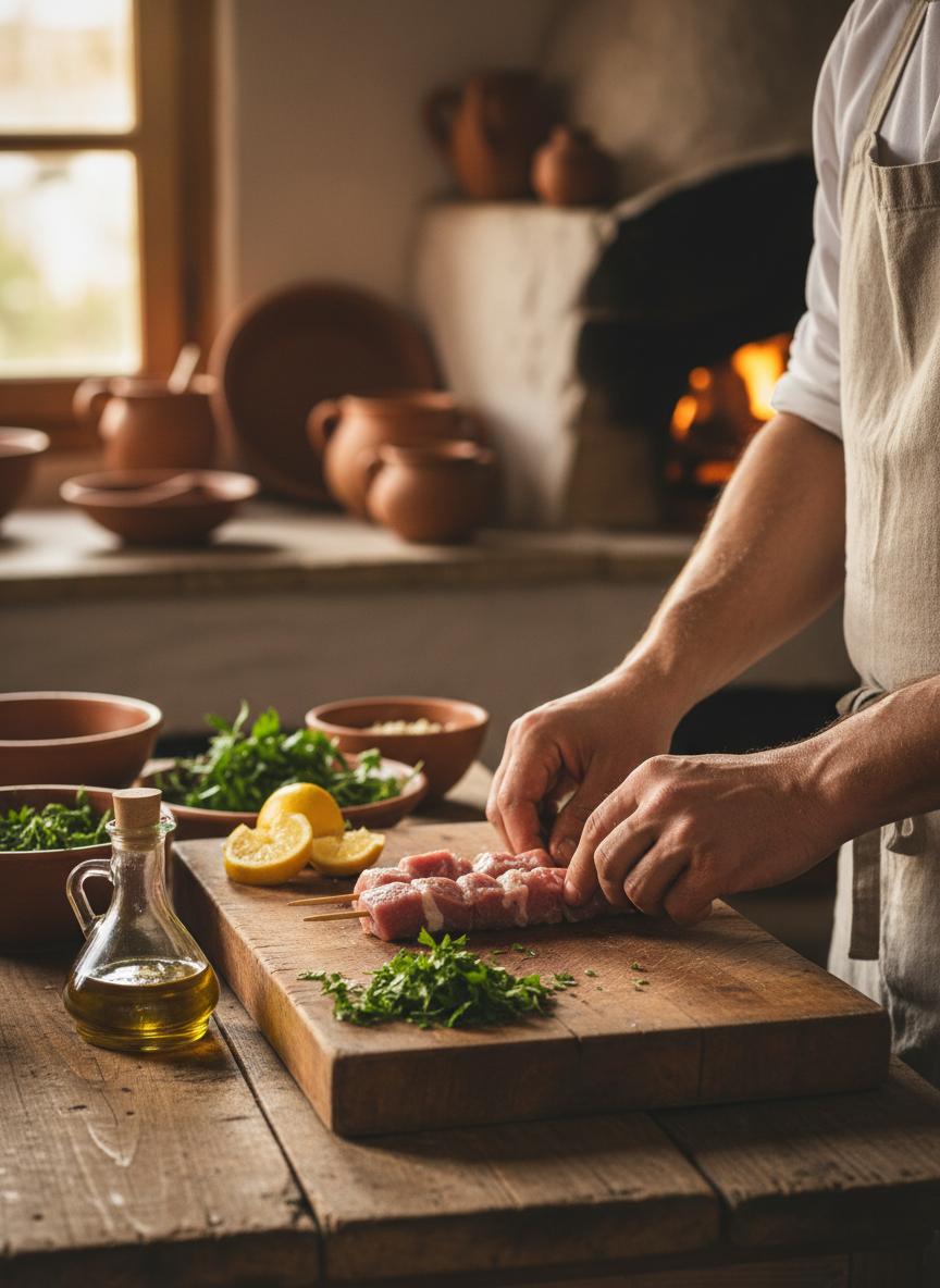 Chef preparing traditional Cypriot souvlaki at I Xrisi Smila, Larnaca